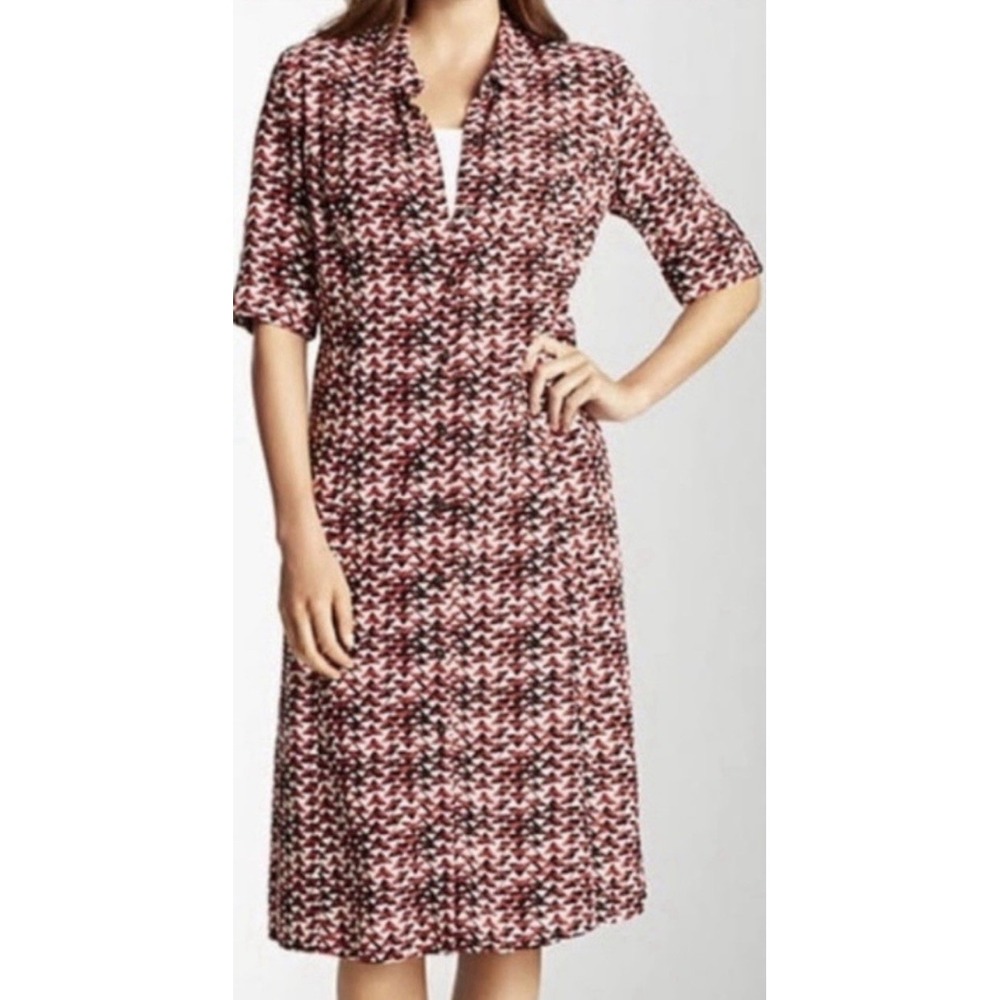 J. Jill Button Down Shirt Dress Red Black Geometric Print Pockets Size 12 Tall